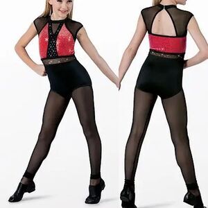 WEISSMAN Dance Costume unitard black red Cold Hearted Snake rhinestone 14693 LC